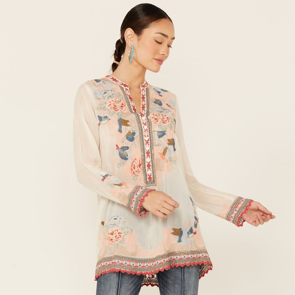 Johnny Was Gracie Blouse Embroidered Top in Vanilla Cream